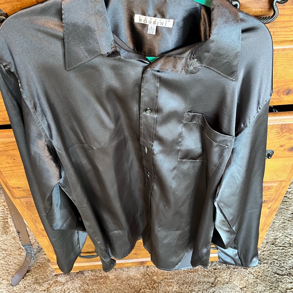 Men's Elegant Black Shiny Dress Shirt w/ matching tie